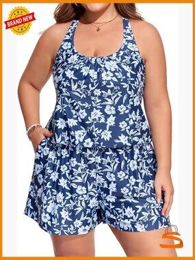 Plus Size Swim Romper One Piece with Pockets Modest Bathing Suit